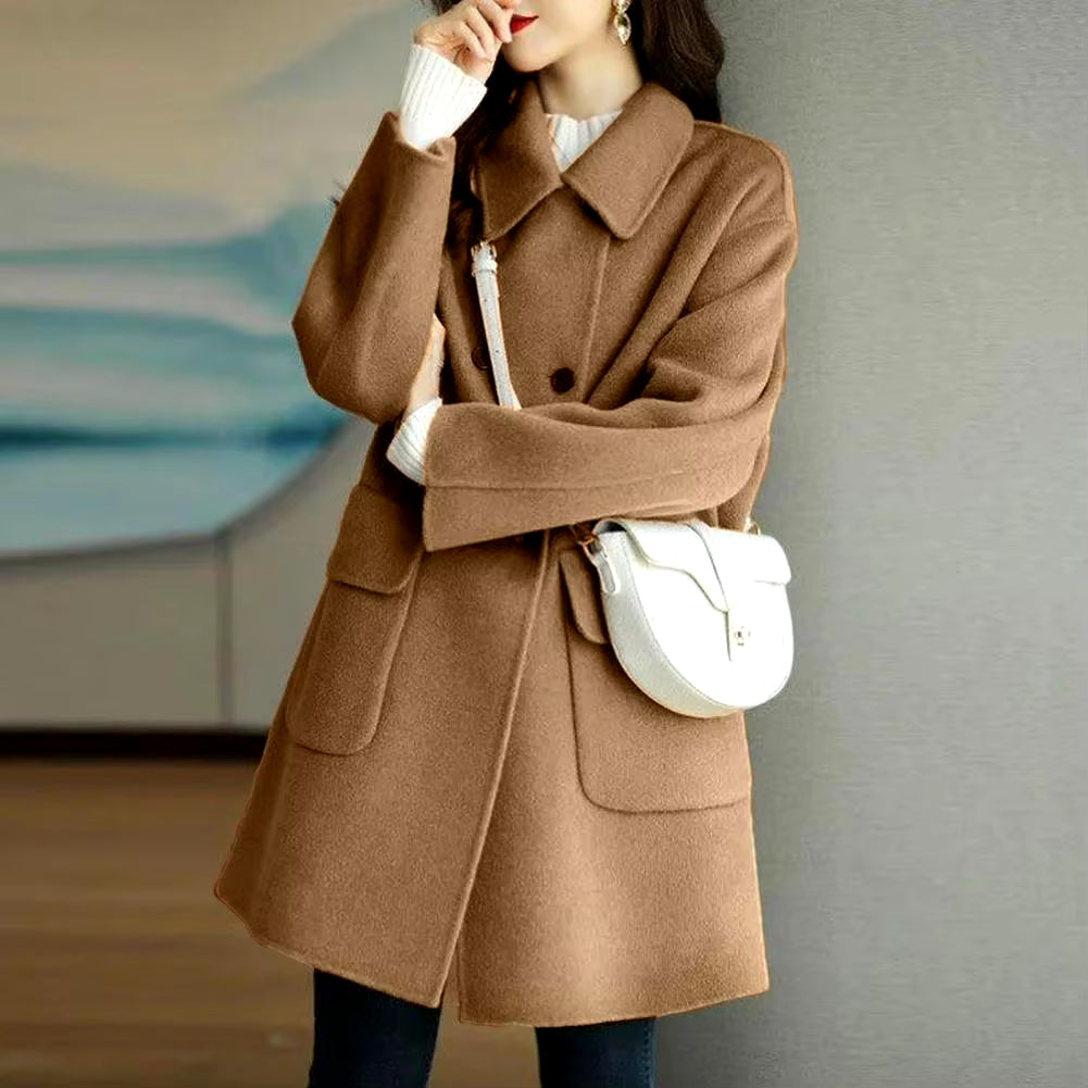2024 Women Woolen Coat Loose Casual Retro Double-Sided Jacket Office Lady Outerwear Thickened Warm Overcoat Mid-Length Jackets