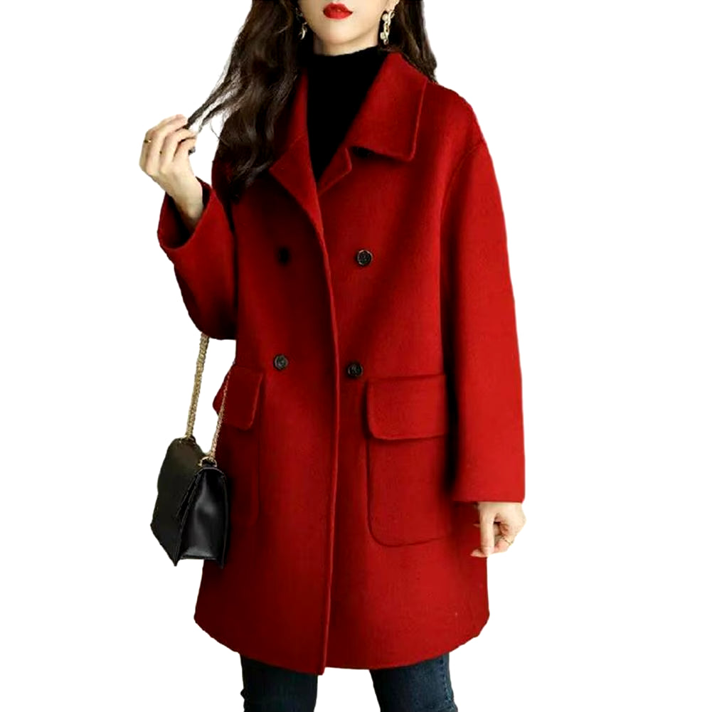 2024 Women Woolen Coat Loose Casual Retro Double-Sided Jacket Office Lady Outerwear Thickened Warm Overcoat Mid-Length Jackets