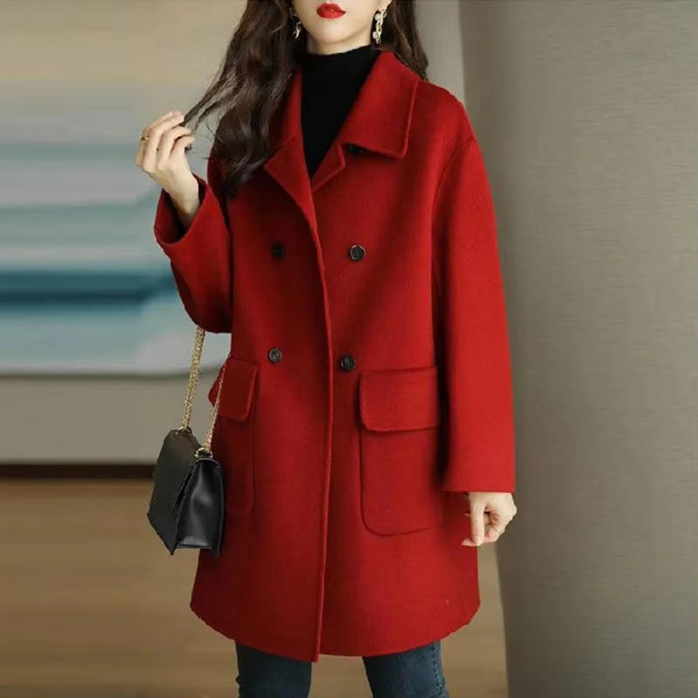 2024 Women Woolen Coat Loose Casual Retro Double-Sided Jacket Office Lady Outerwear Thickened Warm Overcoat Mid-Length Jackets